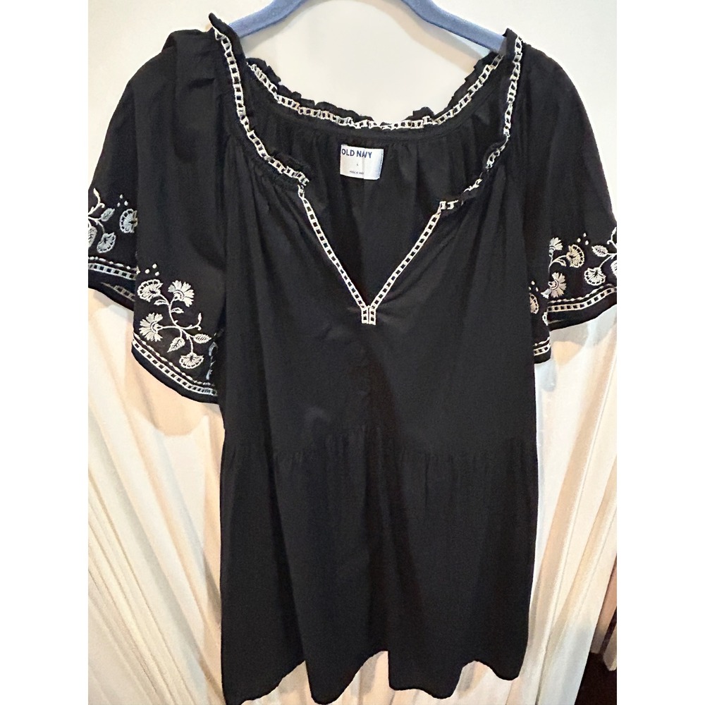 Old Navy Black Embroidered Peasant Dress Short Sleeve Summer Casual Cute L - Picture 2 of 9